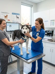 Veterinarian examining a Siberian Husky.