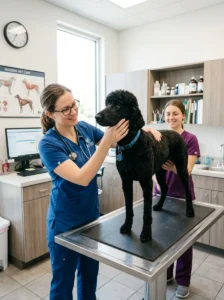 Veterinarian examining a healthy Poodle.