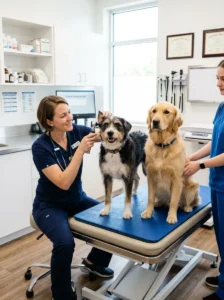 Veterinarian checking mixed-breed and purebred dogs.