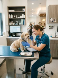 Veterinarian checking a small dog.