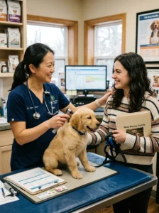 Veterinarian reassuring a first-time dog owner.