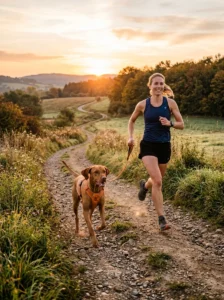 Vizsla running outdoors with its owner.