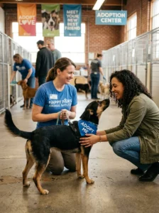 Animal rescue helping match a dog with a new owner.