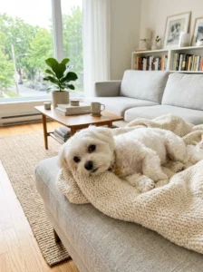 Maltese dog relaxing indoors.