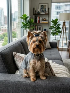 Yorkshire Terrier relaxing inside an apartment.