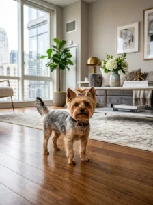 Yorkshire Terrier standing inside a modern apartment.