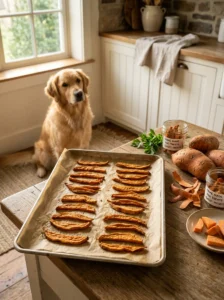 Homemade chewy sweet potato treats for dogs.