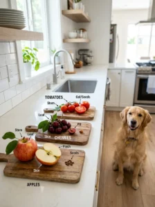 Comparing fruit parts that can be safe or risky for dogs.