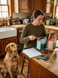 Checking dog food labels and ingredients before choosing a diet.