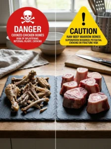 Difference between cooked and raw bones for dogs.