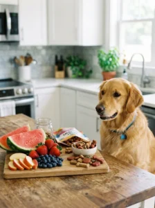 Fresh fruit compared with commercial fruit-flavored dog treats.