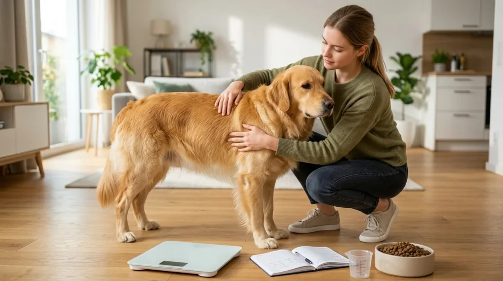 Owner checking a Golden Retriever's body condition and healthy weight.