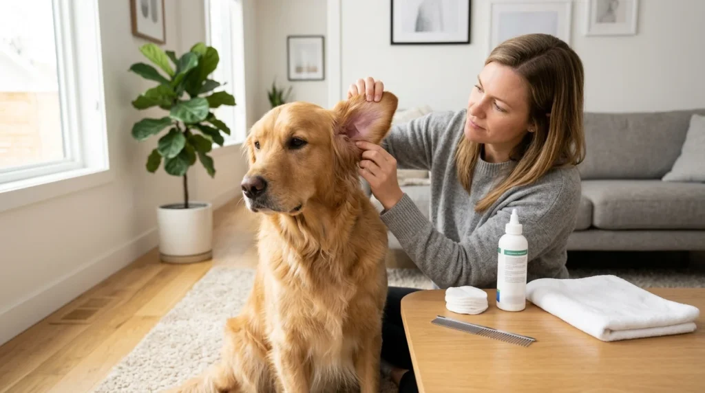 Golden Retriever having its ears gently checked for signs of infection.