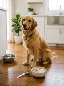 Plain chicken and white rice used as a temporary bland diet for a dog.