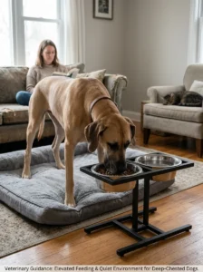 Feeding routine considerations for dogs at risk of bloat.