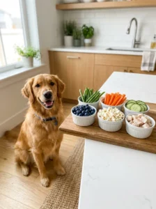 Low-calorie treats including green beans, carrots, cucumber and blueberries for dogs.