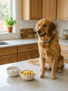 Dog beside plain cooked pasta without sauce or seasoning.