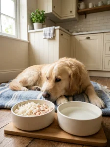 Balanced dog diet containing protein, fats and carbohydrates.