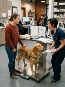 Discussing concerning weight changes with a veterinarian.