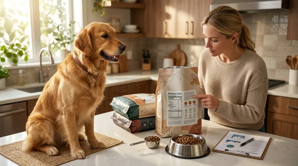 Golden Retriever beside dog food bags while examining a nutrition label.