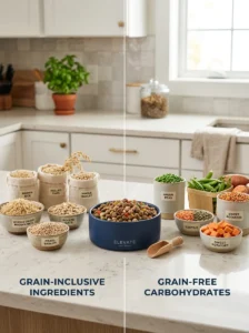 Grain-free dog food ingredients compared with grains.
