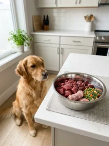 Raw dog food meal containing meat, organs and other raw ingredients.