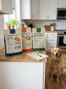 Comparing dog food labels from different brands.