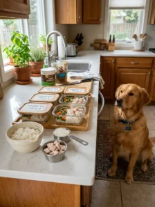 Measured chicken and rice portions for a dog's bland diet.