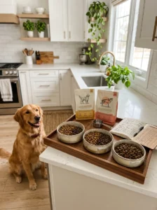 Quick reference setup for gradually transitioning a dog to new food.