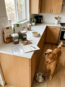 Dog food transition checklist with measured portions and supplies.