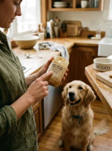 Checking peanut butter ingredients before giving it to a dog.