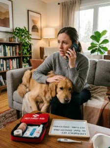 Dog owner contacting a veterinarian after a pet eats something toxic.