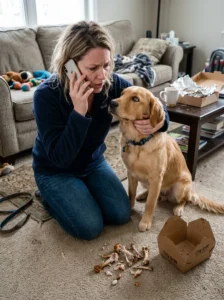 Dog owner contacting a veterinarian after a dog eats cooked bones.