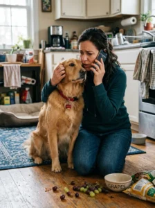 Dog owner contacting a veterinarian after grape ingestion.