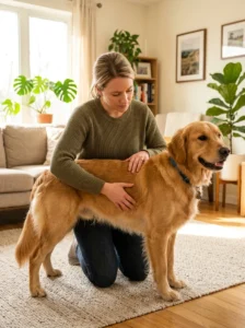 Owner performing a body condition check on a dog at home.