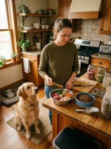Dog owner weighing the risks and benefits of raw feeding.