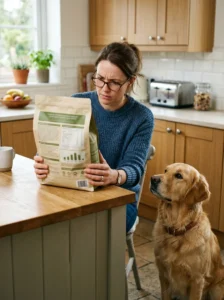 Checking dog food labels for potential red flags.