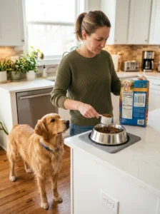 Checking calories and feeding guidelines on dog food packaging.