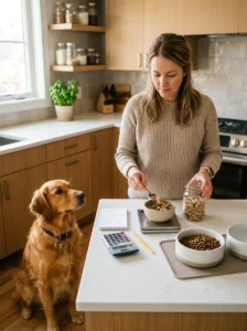 Measuring dog treats as part of a daily calorie budget.