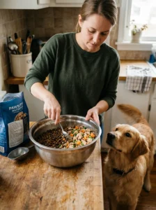 Gradually introducing homemade food into a dog's diet.
