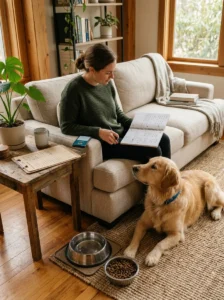 Dog owner checking a vomiting dog's symptoms and recent food history.