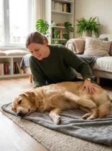 Owner gently checking a dog's body for unusual sensitivity.