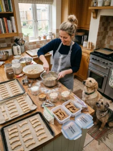 Preparing larger batches of homemade dog treats for freezing.