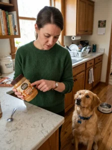 Checking food ingredient labels before sharing with a dog.