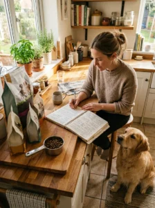 Keeping notes while researching different dog food products.