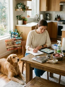 Dog owner researching raw feeding before changing a dog's diet.