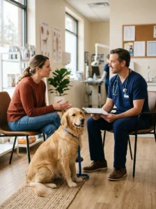 Owner discussing a dog's weight concerns with a supportive veterinarian.