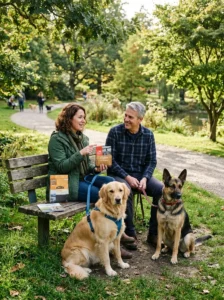 Dog owners discussing different food choices respectfully.