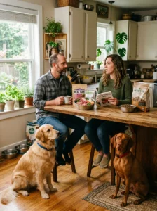 Dog owners discussing the benefits and risks of raw feeding.