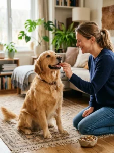 Dog receiving a small treat during weight management training.